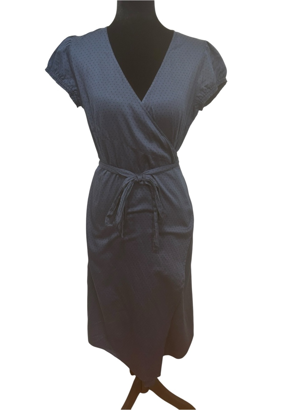 Vintage France Wrap dress small Navy Black Polka Dot Cotton Cottage knee length - Picture 2 of 12